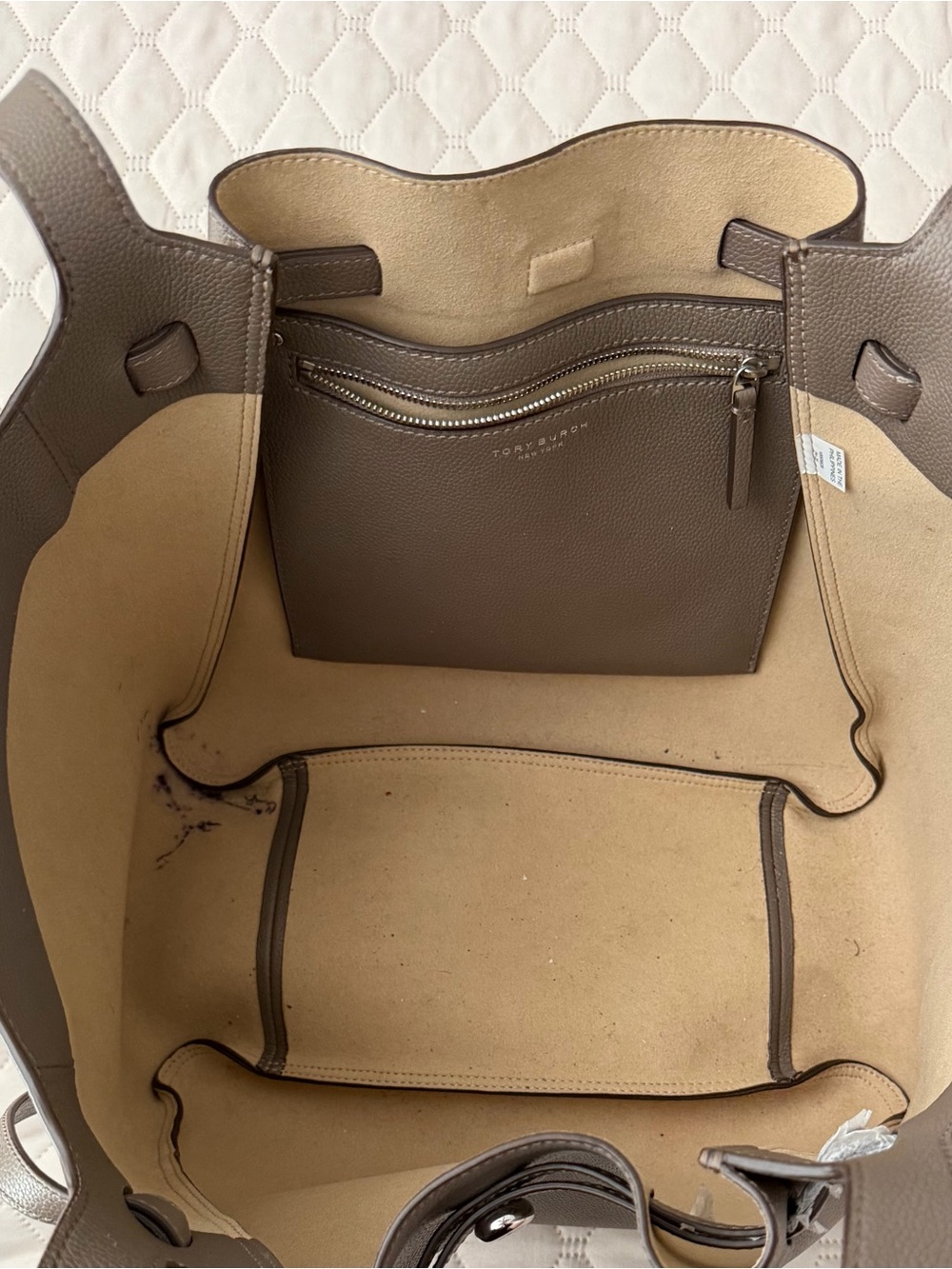 Tory Burch Pebbled Leather Tote in Taupe Gray - Picture 2 of 8
